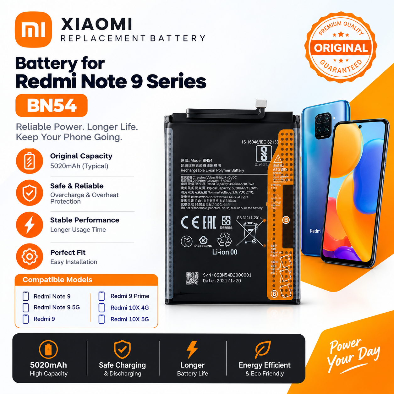 ChatGPT Image Aug 26, 2026, 05_51_54 PM BN54 Battery for Redmi Note 9 / Redmi 9 / 9 Prime / 10X 4G / 10X 5G - Image 1