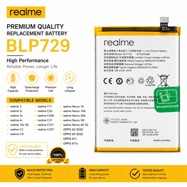 BLP729 Battery for Realme 5 5i 5s 6i 10s 5G C3 C3i C11 C20 C20A C21 C21Y C25Y, Narzo 10, Narzo 10A Narzo 20A Narzo 50i Narzo 60 5G oppo A5 2020 A9 2020 A11 A11x