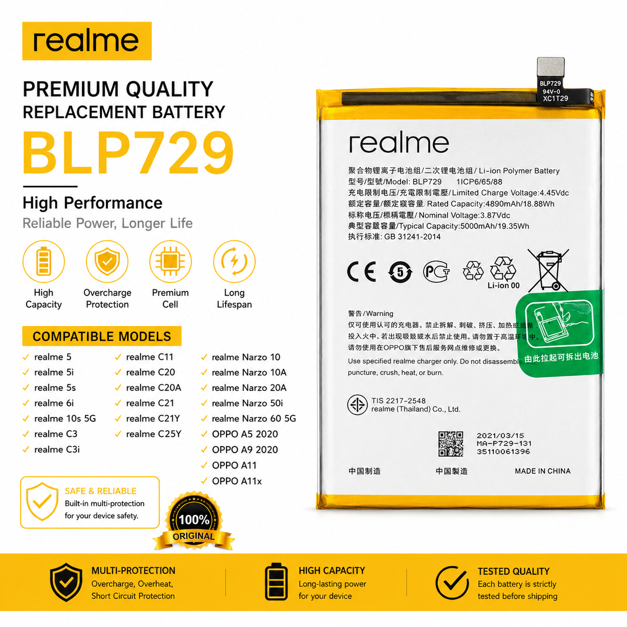 blp729 BLP729 Battery for Realme 5 5i 5s 6i 10s 5G C3 C3i C11 C20 C20A C21 C21Y C25Y, Narzo 10, Narzo 10A Narzo 20A Narzo 50i Narzo 60 5G oppo A5 2020 A9 2020 A11 A11x